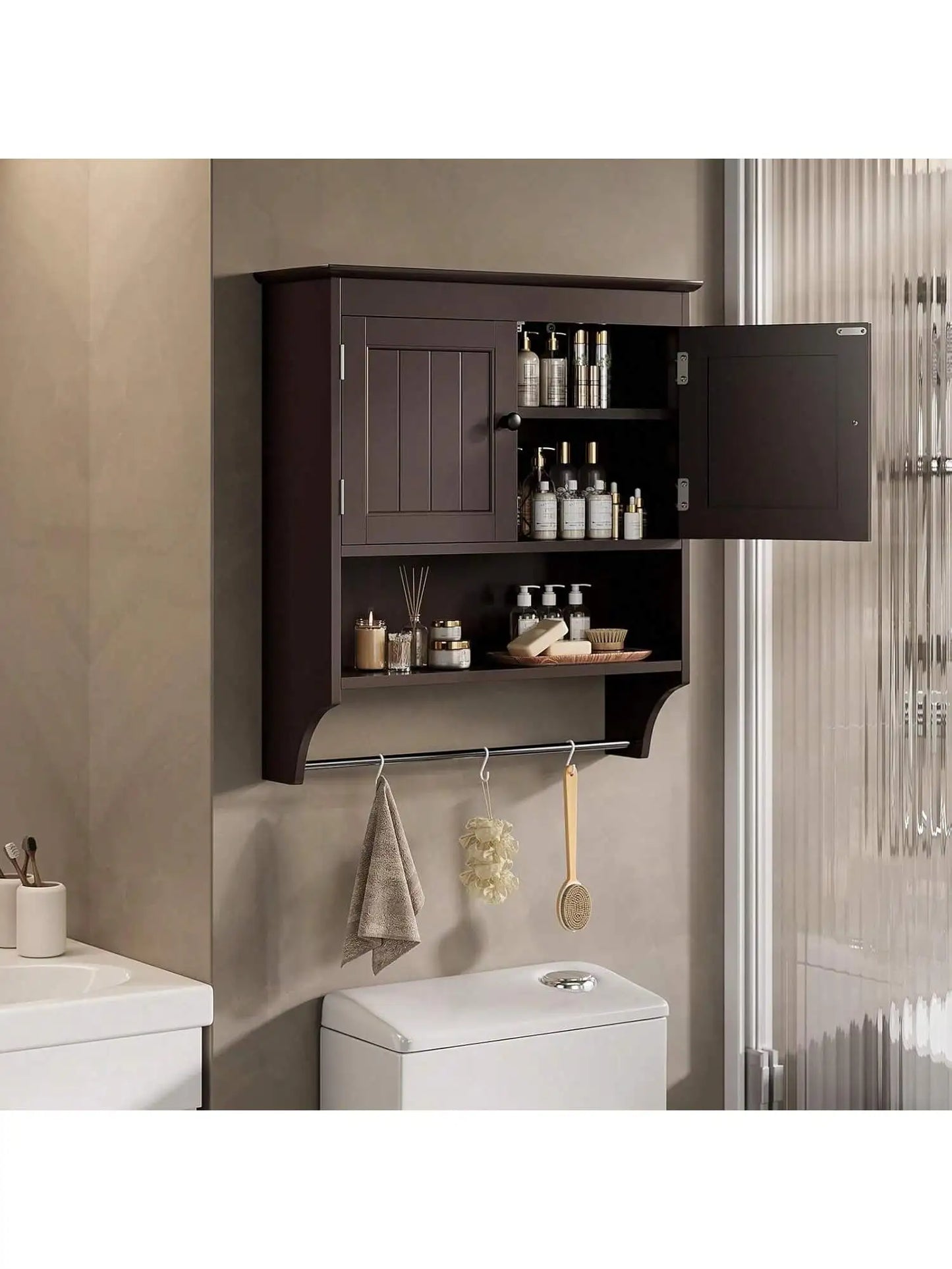 Bealife Bathroom Wall Cabinet With Towels Bar, Wall Mounted Medicine Cabinet With 2 Door And Adjustable Shelves, Space Saver Ov