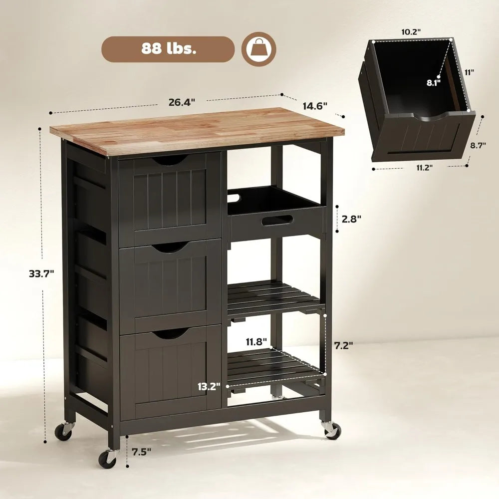 Rolling Kitchen Island Cart With Wood Top And Shelves
