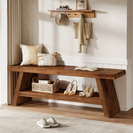 Tribesigns Two Tier Solid Wood Entryway Storage Bench