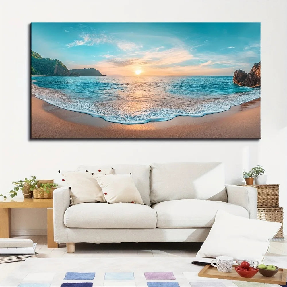 1.5 inch thick pine solid wood frame, canvas printed mural, natural beach sunsets and wave pictures, interior decoration