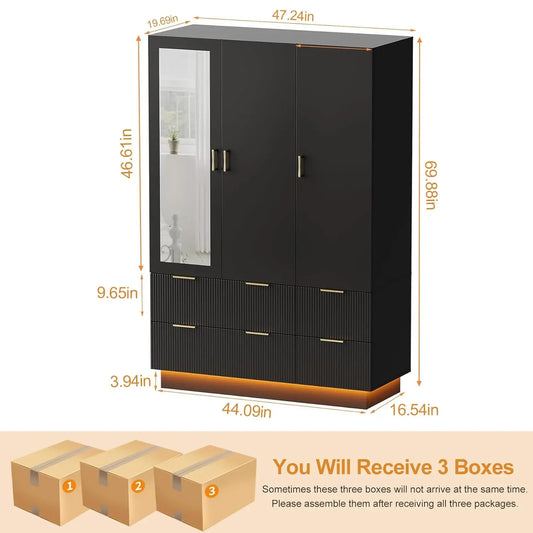 Minimalist Wardrobe Armoire With Mirror Hanging Rod Drawers