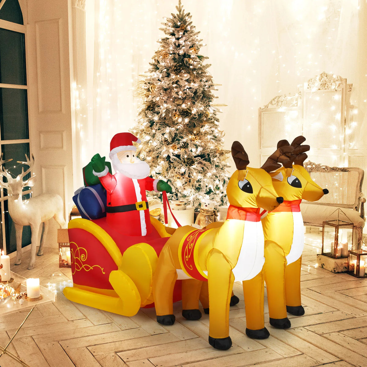 LIFEZEAL Inflatable Christmas Santa Sleigh With Reindeer Outdoor Decoration