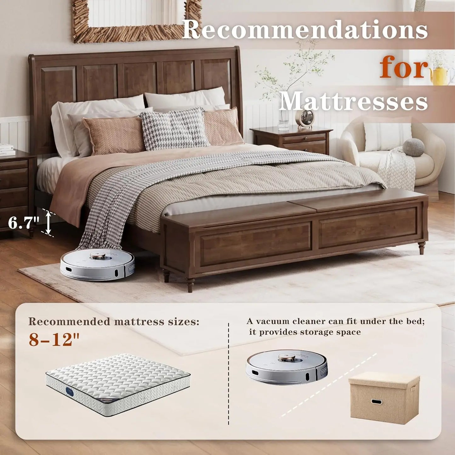 King Size Bed Frame with Headboard and Storage Bench, Solid Wood Sleigh Bed Frame No Box Spring Needed, Wood Bed Frame, Custom