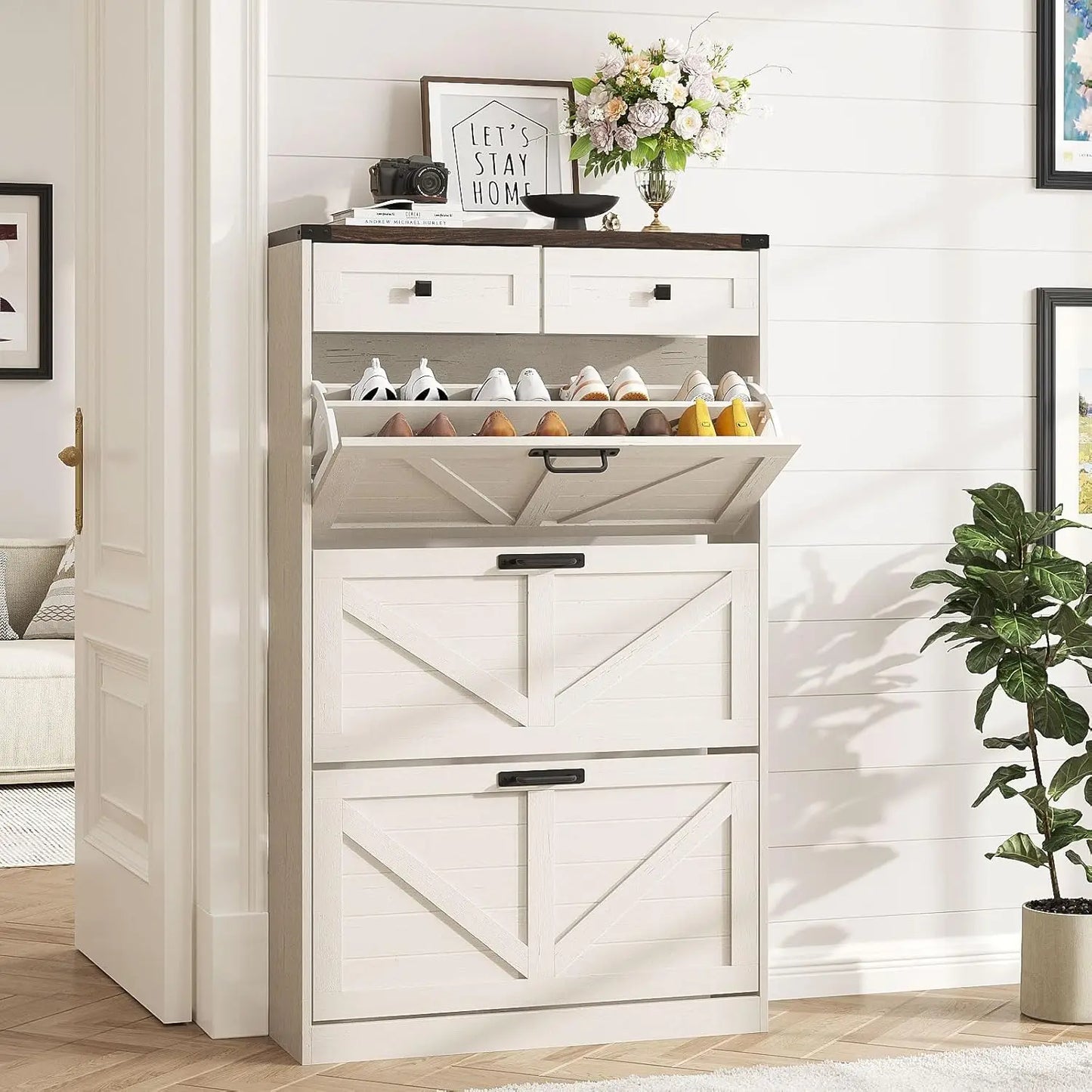 Shoe Cabinet with 3 Flip Drawers & 2 Drawers,Freestanding Shoe Storage Cabinet for Entryway,Farmhouse Narrow Slim, Custom