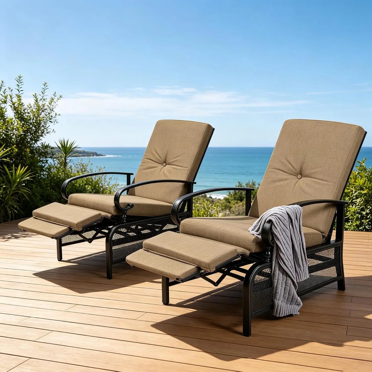 Outdoor Adjustable Recliner Chair for Patio - A Relaxing Outdoor Metal Furniture Chair with Thick Cushion, Brown, Custom