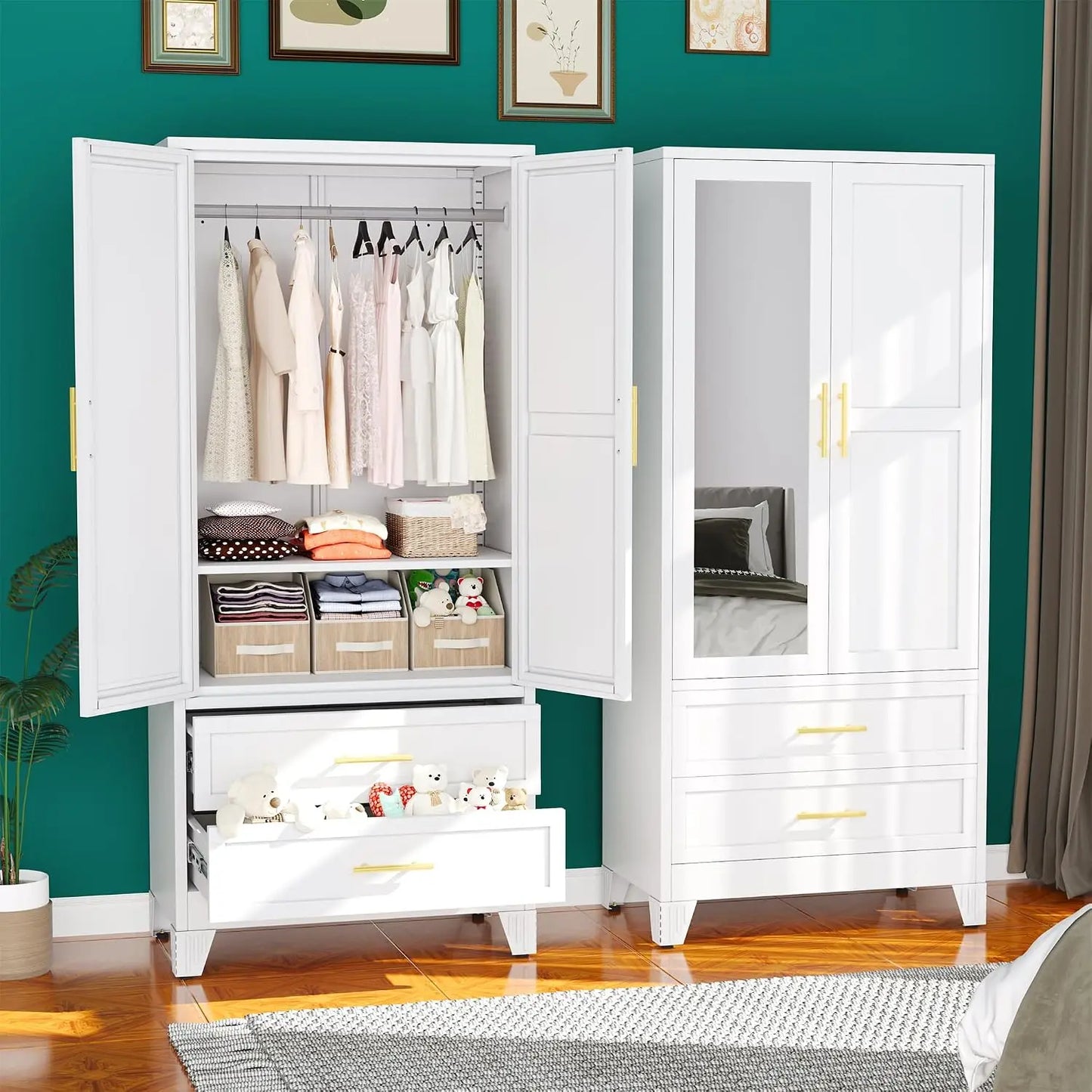 Metal Armoire Wardrobe Closet, 71 "Metal Clothing Storage Cabinet with Adjustable Shelves and Hanging Rod, Household, Custom