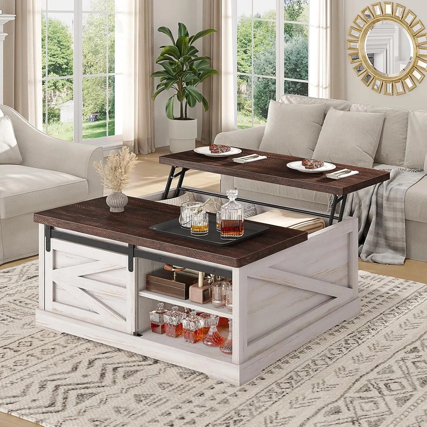 39.4in Lift Top Coffee Table Hidden Compartment 2 Drawers Adjustable Shelf Living Room , Custom