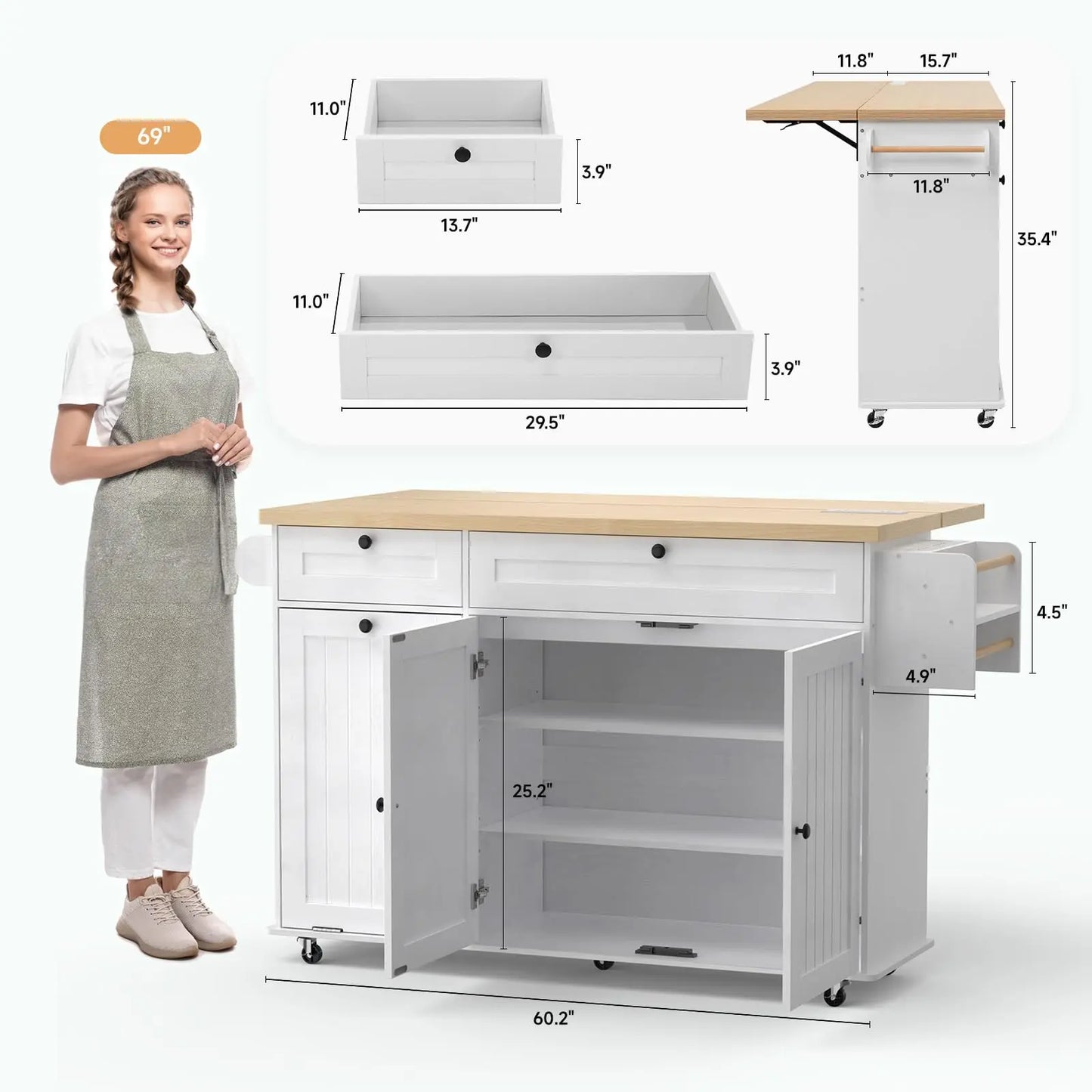 ONBRILL Mobile Kitchen Island with Power Outlet and Drop Leaf