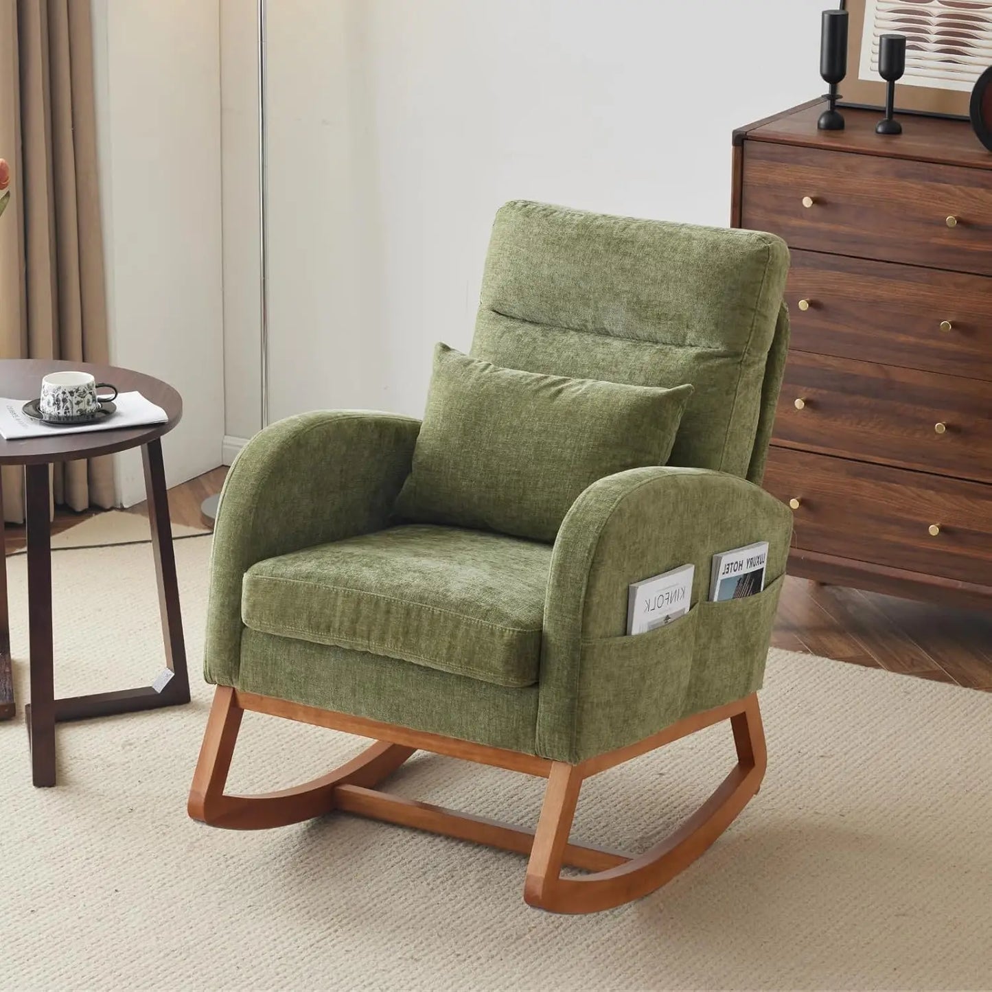 Olive Chenille Rocking Chair Nursery with Thick Headrest, Upholstered Mid-Century Modern Nursing Rocker Glider with, Customized