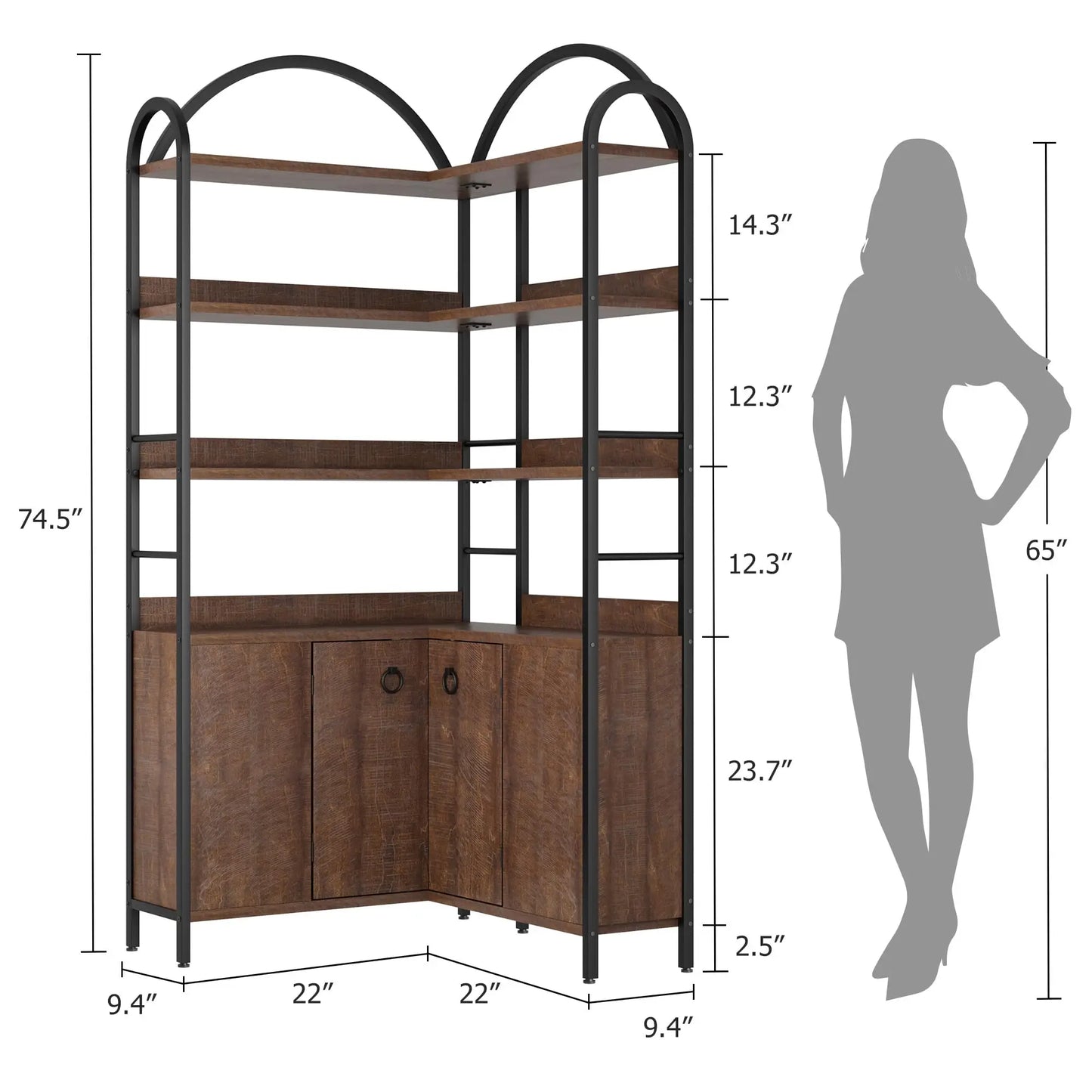 74" Tall 6-Tier Arched Corner Bookshelf - L-Shaped Corner Bookcase with Cabinet Doors - Rustic Metal & Wood Corner Storage Shelf Unit for Home Office/Living Room