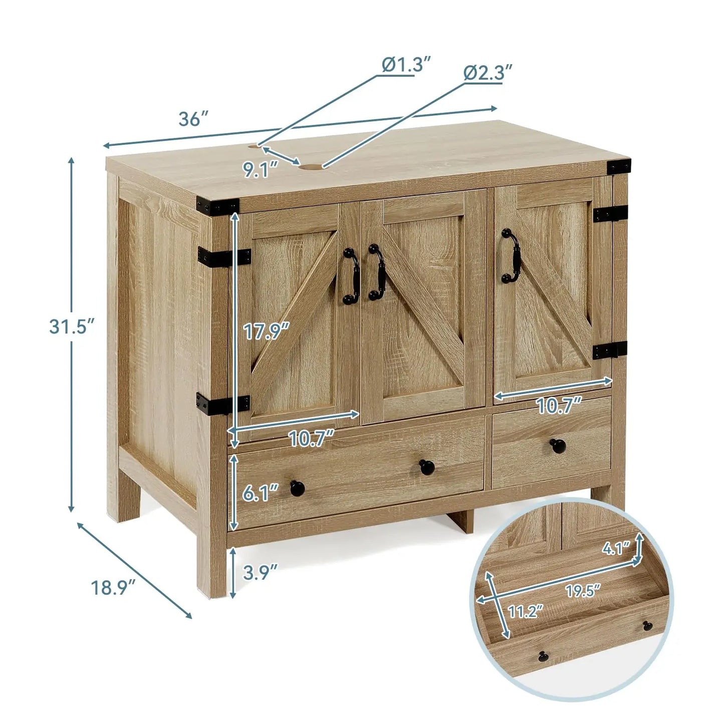 36" Natural Color Bathroom Vanity, Rustic Fixture Standing Pedestal Cabinet with White Ceramic Sink, Custom