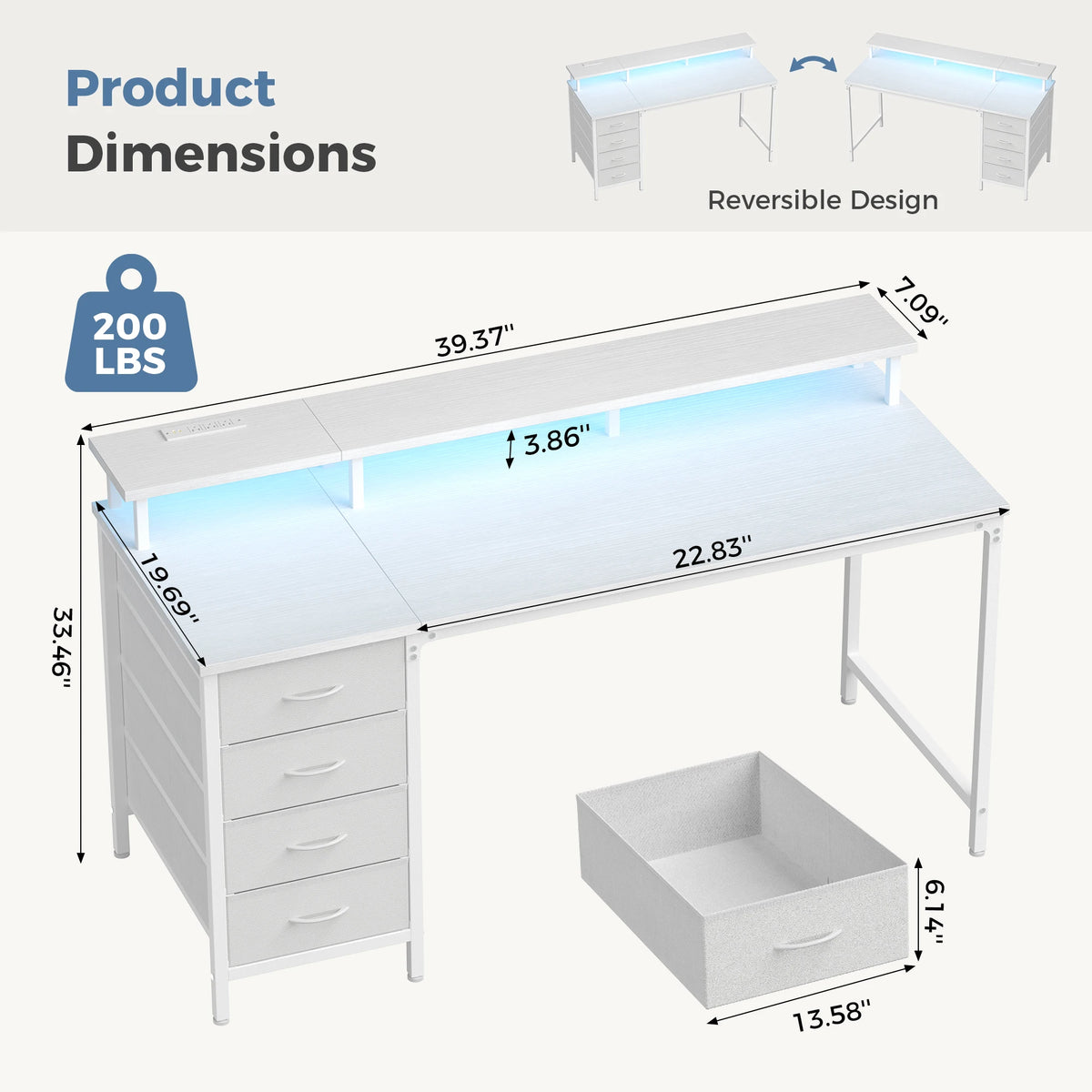 JHK Gaming Desk with Drawers, Power Outlets and LED Lighting