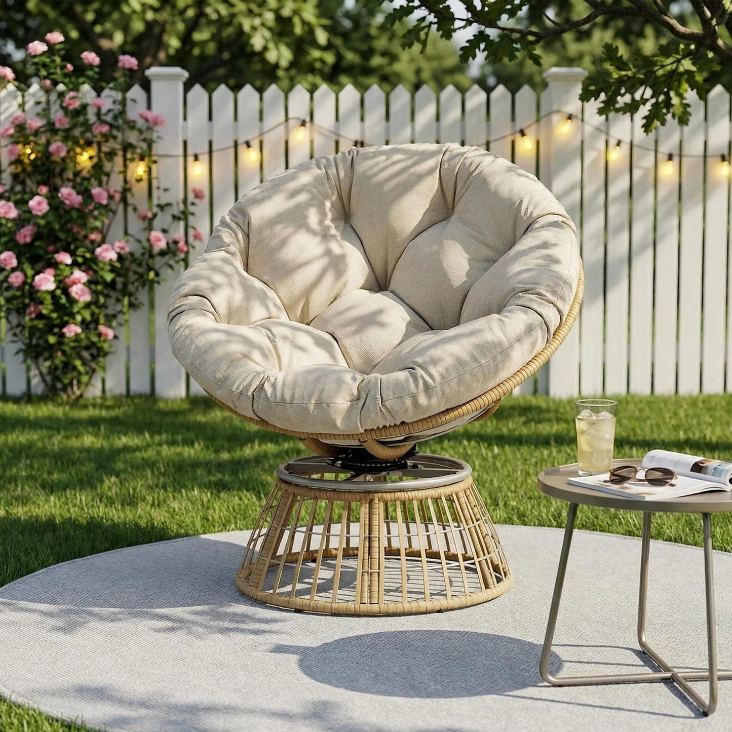 Swivel Papasan Chair, Outdoor Wicker Patio Lounge Chair with Thick Cushion, All-Weather Rattan Accent Chair for Backyard Porch Garden
