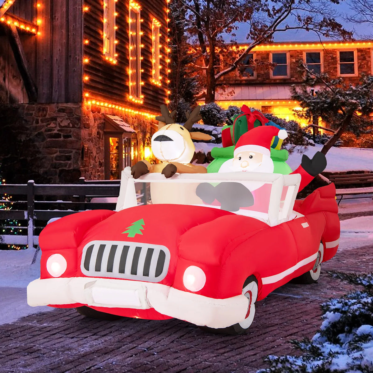 LIFEZEAL Lighted Christmas Inflatable Santa And Reindeer Driving Red Car