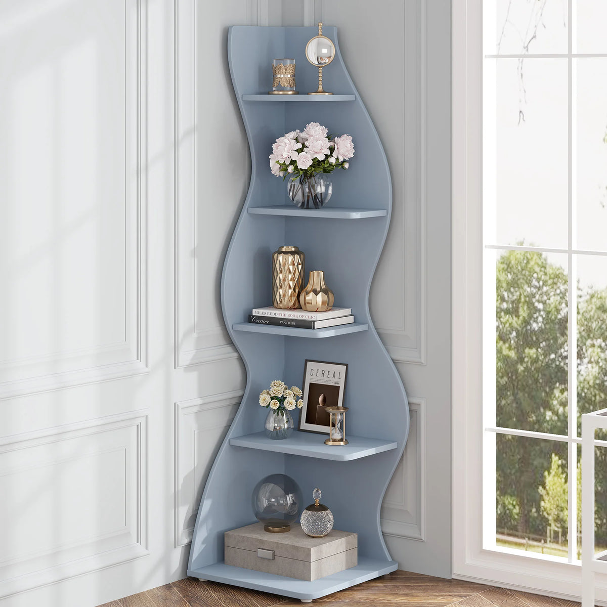 Tribesigns Modern Corner Bookshelf, Five Tier Wall Storage Shelf