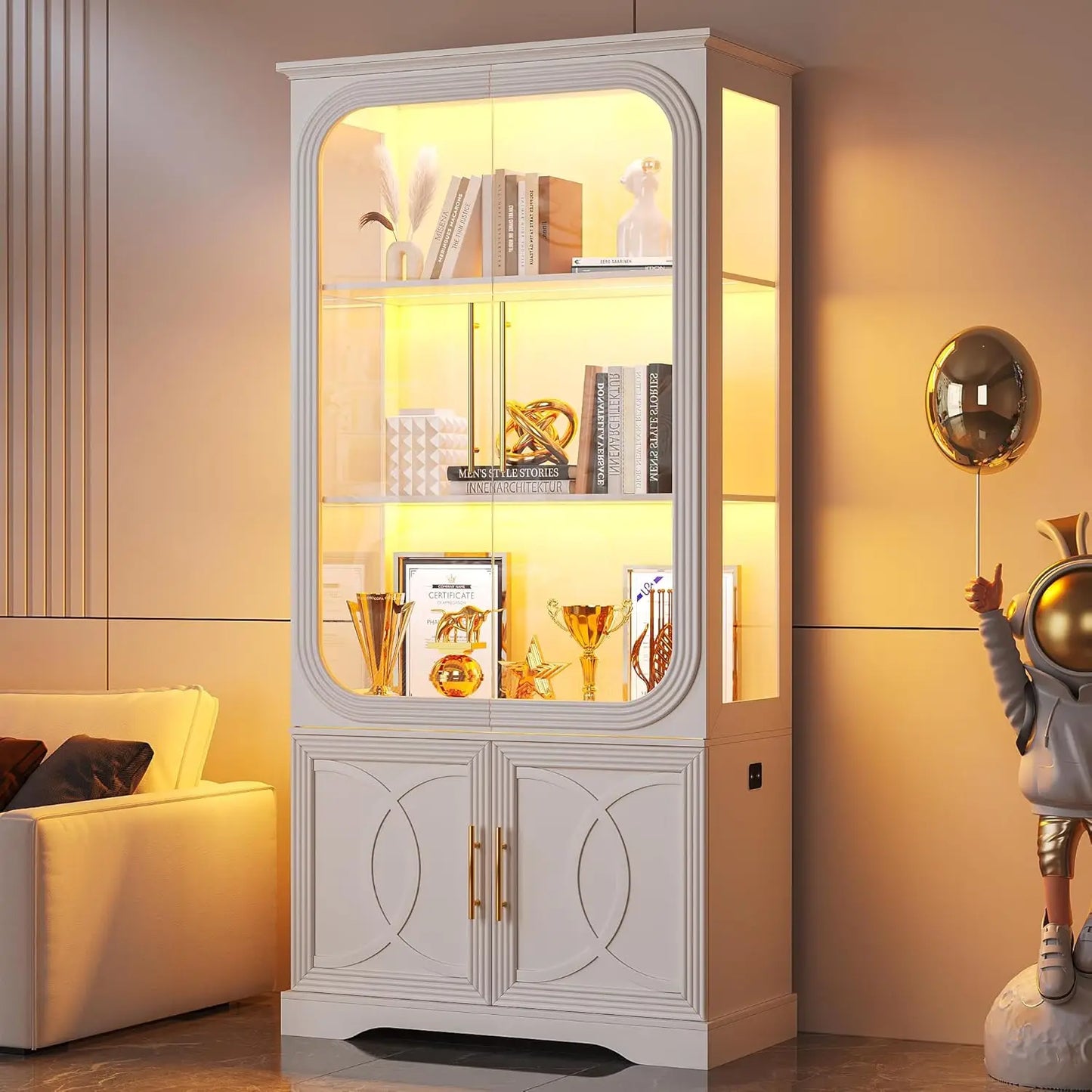 ZHILU Glass Display Curio Cabinet With LED Lights Body Sensor