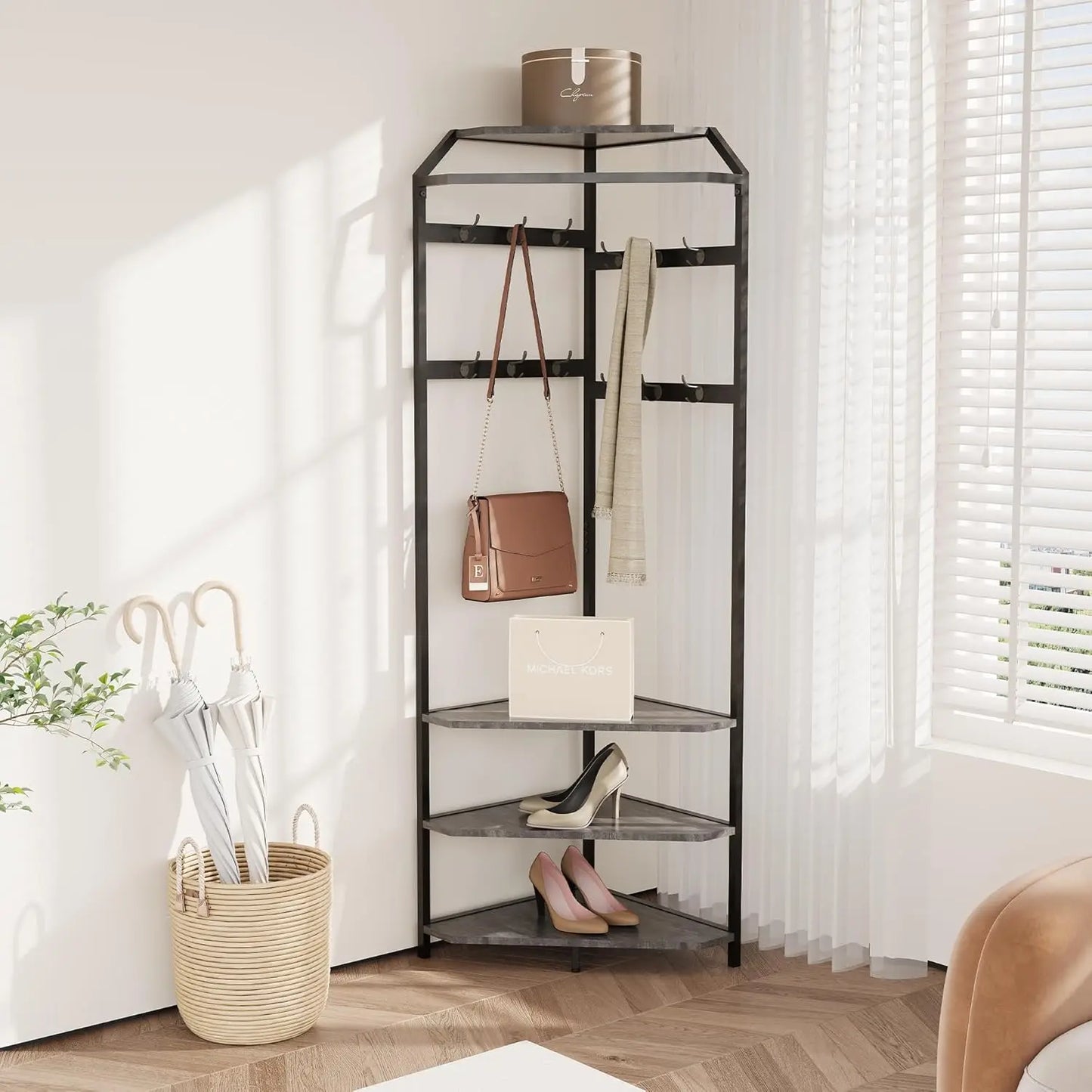 Corner Hall Tree With Shoe Bench Entryway Corner Coat Rack With 12 Double Hooks Clothes Rack With Corner Tree for Hallway