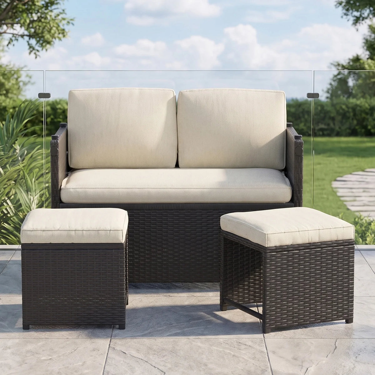 4/3 Pieces Convertible Multi-layout PE Rattan Loveseat Patio Furniture with 2 Storage Ottomans, All Weather Soft Cushioned Outdoor Furniture Sofa Set, Flexible Outdoor Patio Furniture Set for Patio Garden Balcony