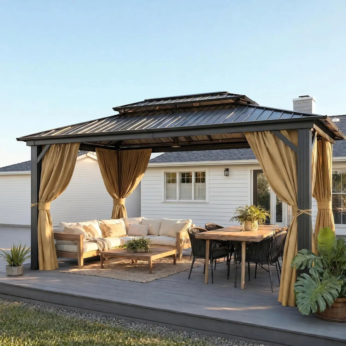 10x15 Hardtop Gazebo with Flame-Retardant Curtain & Netting, Hot Tub Gazebo with Galvanized Steel Double Roof, Heavy, Custom