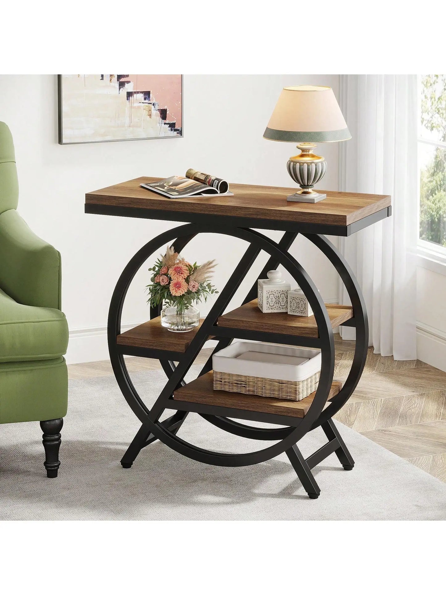 4-Tier End Table For Living Room, Narrow Side Table With Storage, Wood Sofa Side With Metal Frame, Industrial