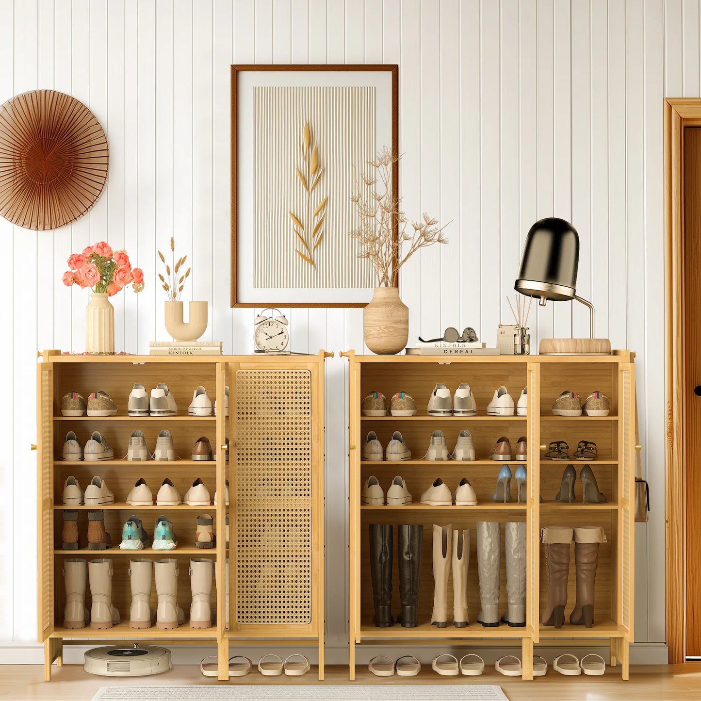 Bamboo Shoe Cabinet Organizer With 3 Doors And 6 Tiers