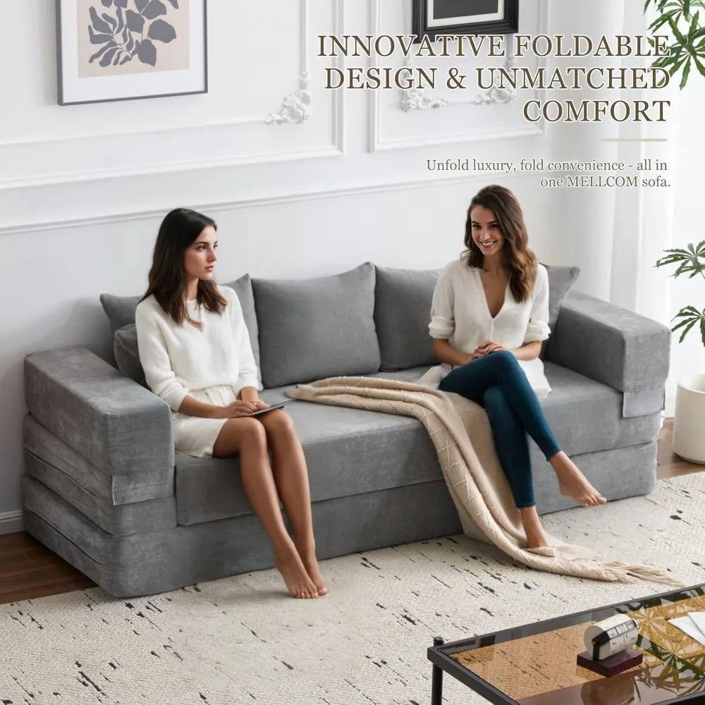 Queen Size 4-in-1 Convertible Sofa Bed - Chenille Fold out Sleeper Couch with Armrest And Pillows - Floor Chaise Lounge