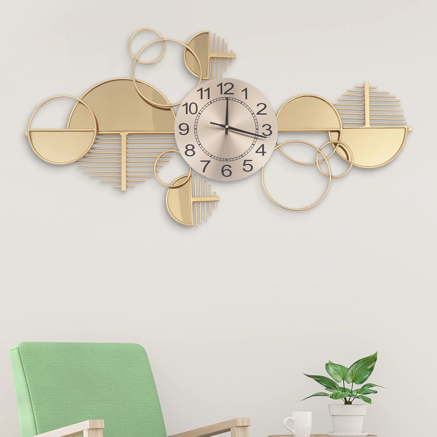 Geometric Wall Clock, 86x43cm Gold Iron Forged Timepiece, Silent Quartz Movement Clear Arabic Numerals Multi-position Hanging Slots Indoor Wall Decor For Living Room Office Cafe