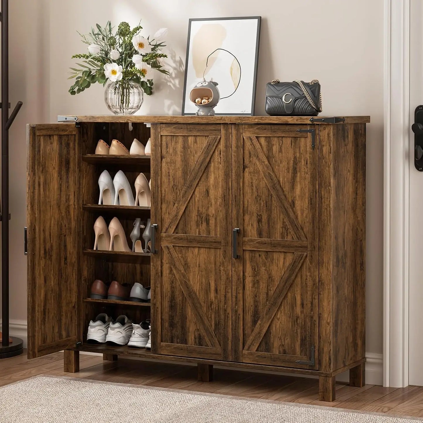 5-Tier Shoe Storage Cabinet, Farmhouse Shoe Rack Organizer Cabinet with 4 Adjustable Shelves & Side Cabinets,, Custom