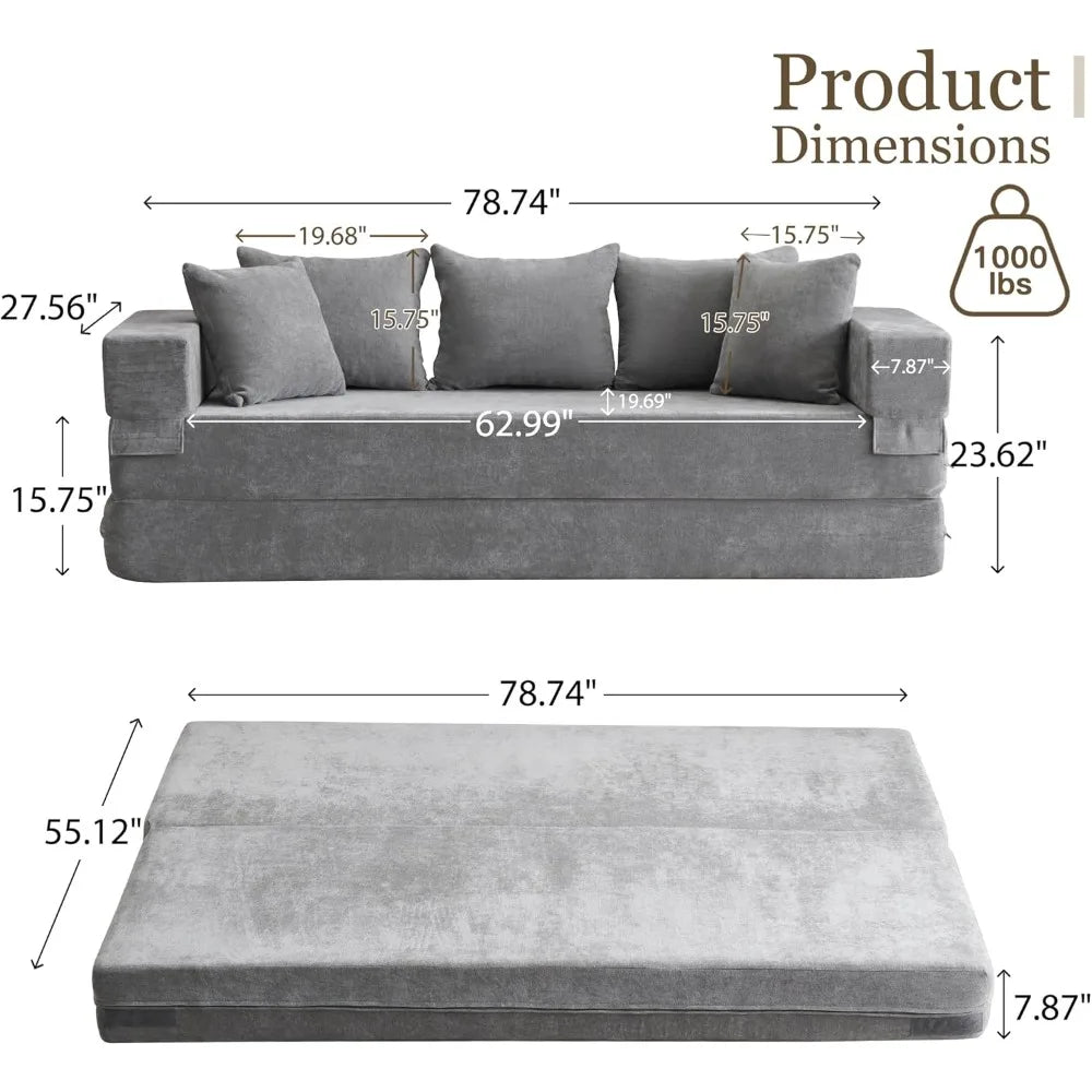Queen Size 4-in-1 Convertible Sofa Bed - Chenille Fold out Sleeper Couch with Armrest And Pillows - Floor Chaise Lounge
