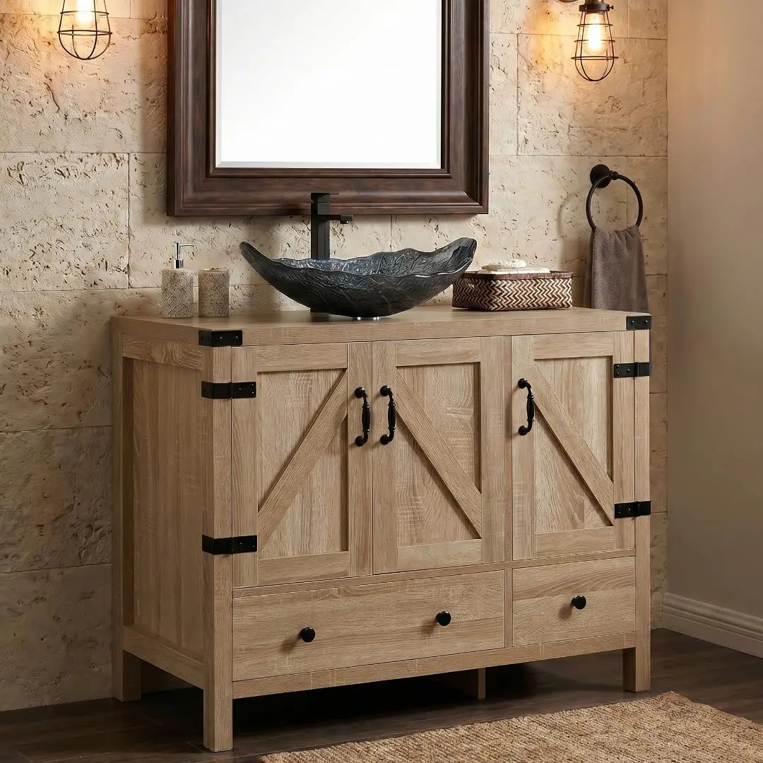 36" Natural Color Bathroom Vanity, Rustic Fixture Standing Pedestal Cabinet with White Ceramic Sink, Custom