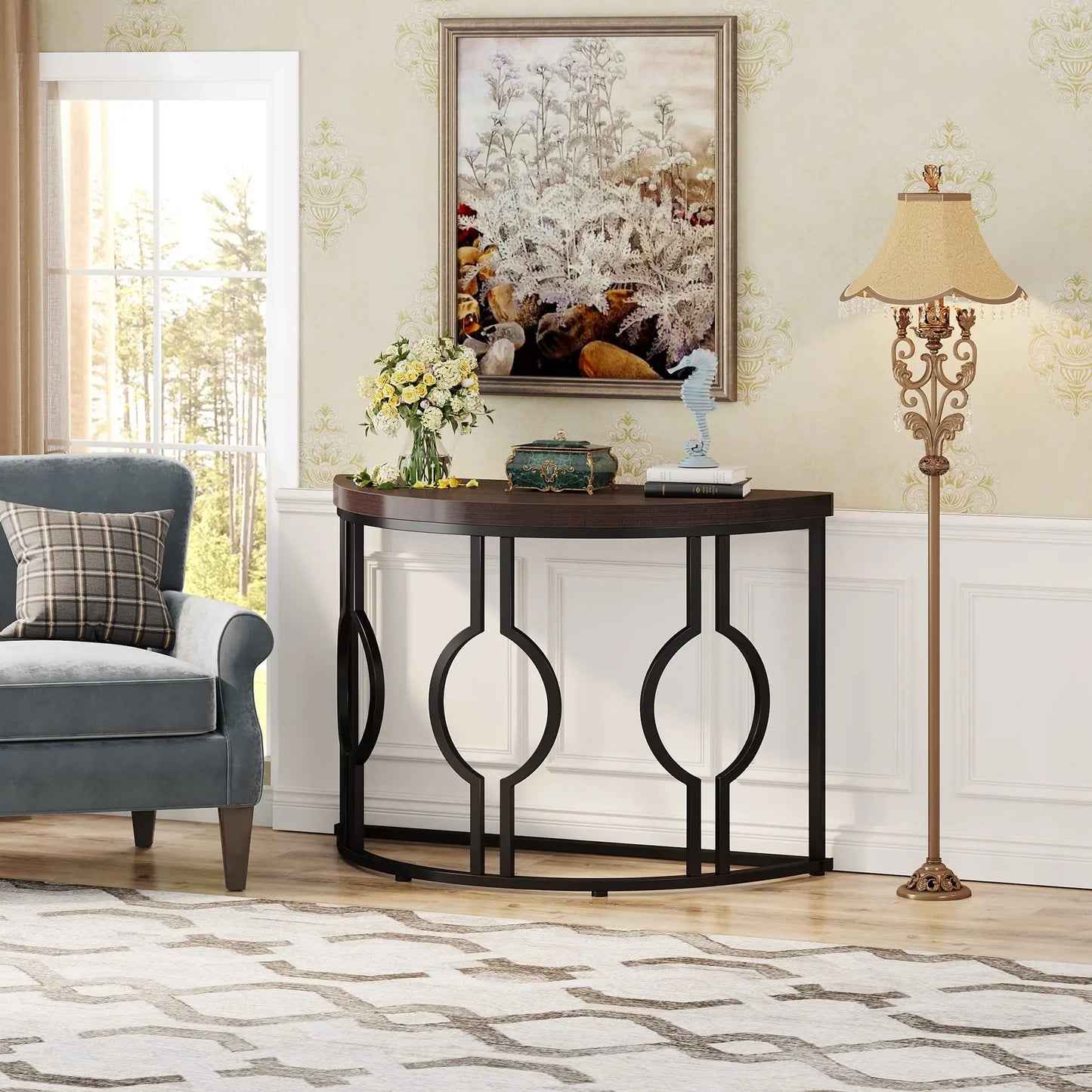 Tribesigns Half Moon Console Table With Geometric Wood Base