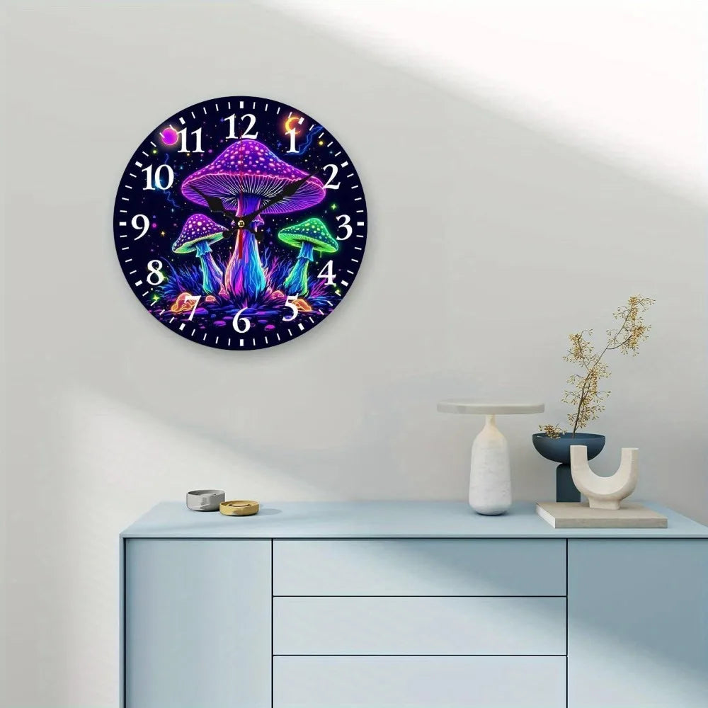 2D Flat Glowing Mushroom Themed Wall Clock Features a Silent Quartz Movement.It Is an Choice Wall Decoration, an Excellent Birth