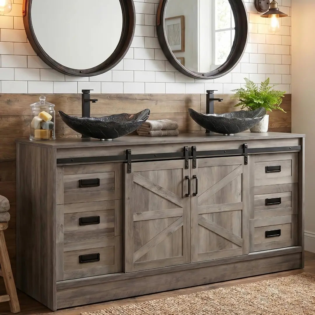 60" Barn Door Bathroom Vanity with 6 Drawers and Two Doors, Farmhouse Style Standing Pedestal Cabinet with Two Blue, Custom