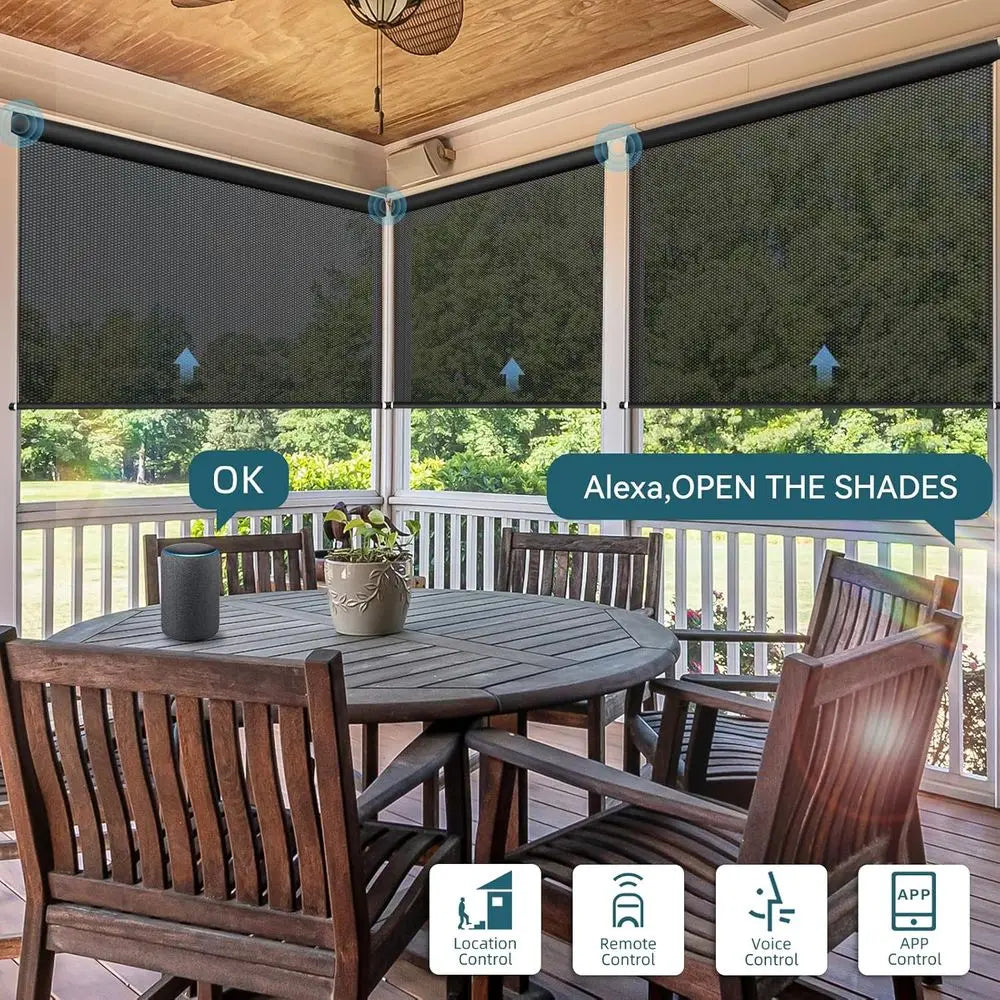 Motorized Outdoor Roller Shades,Patio Roll Up Blind Work with Alexa,Home,Homekit,Remote Control Sun Shade,Waterproo &Windproo Sm