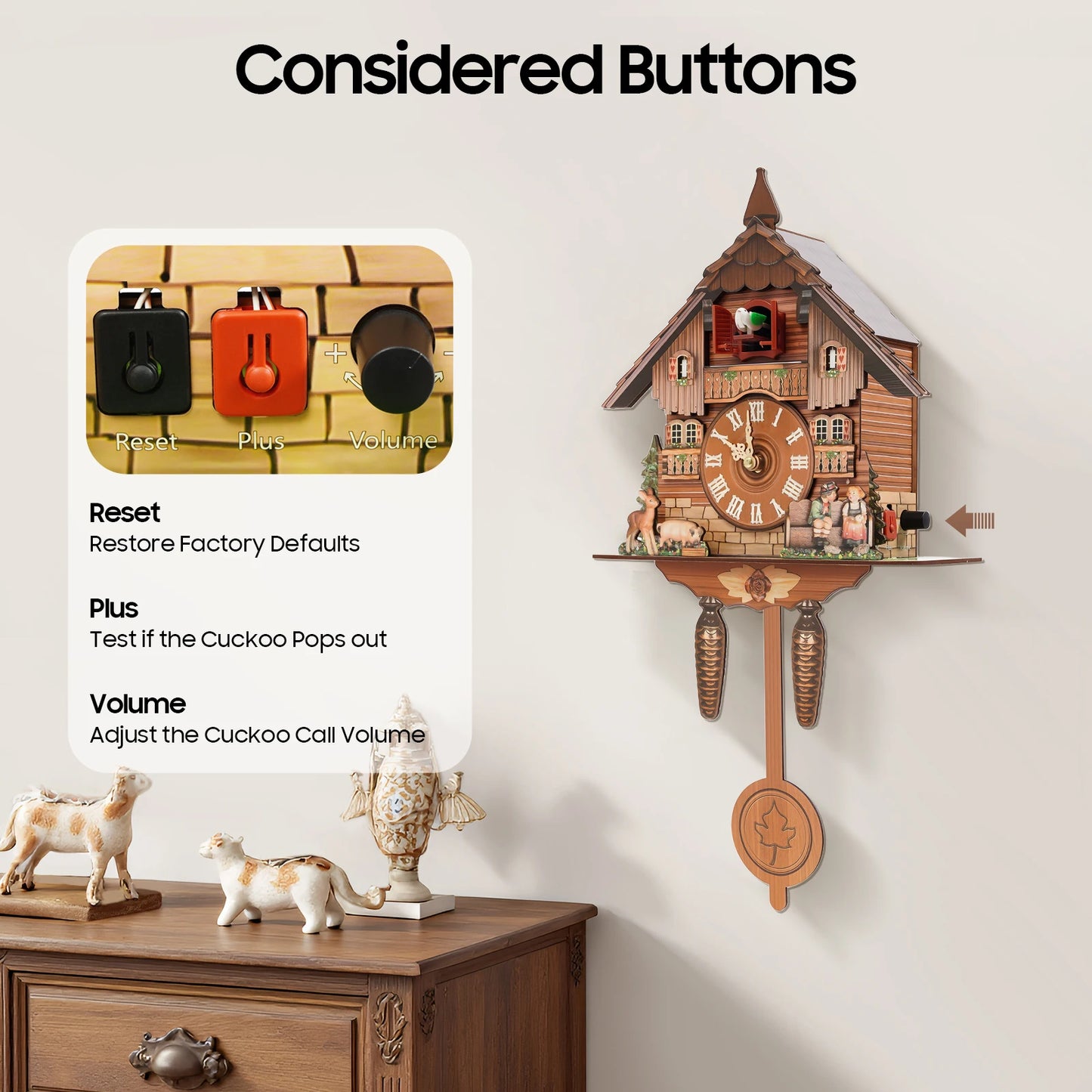 Wall Mount Clock Cuckoo Clock, Wood Cuckoo-Clock, 7:00-21:00 Chime Time 25*10*50cm Pointers+Time Scales Display