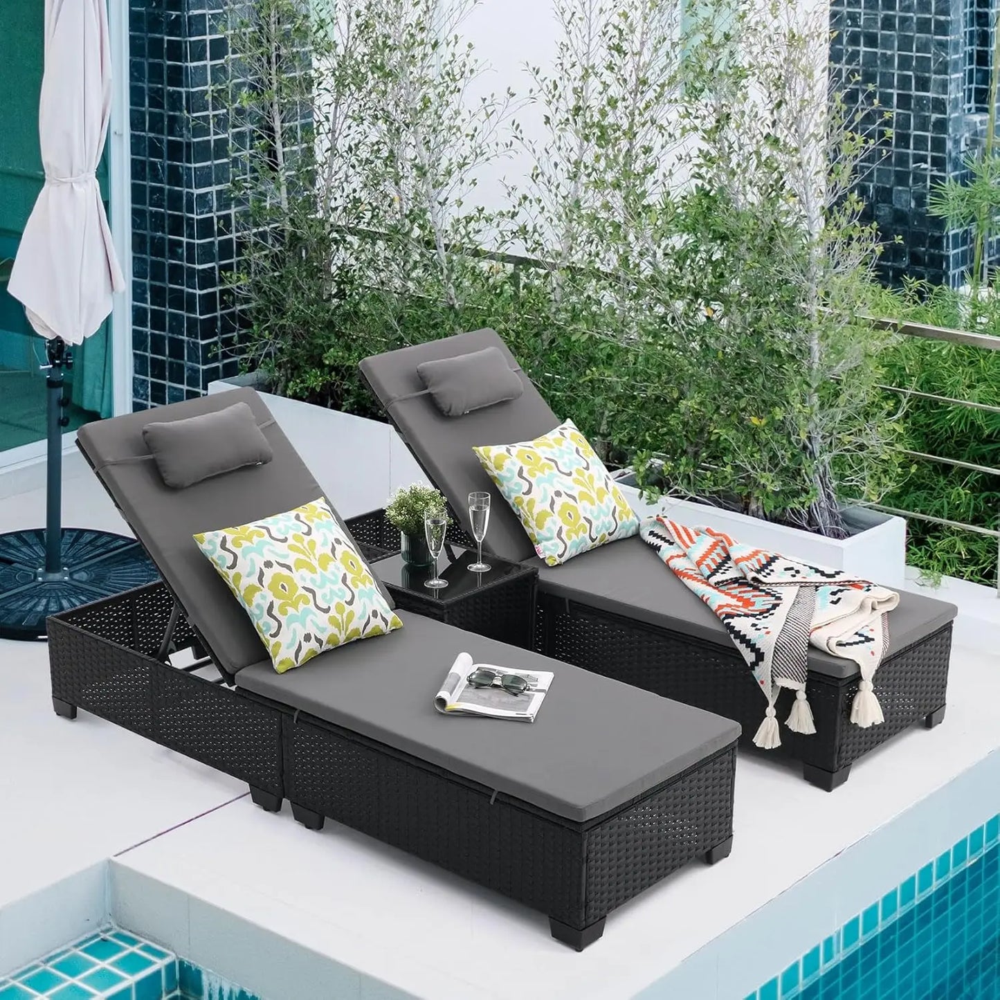 PE Wicker Adjustable Chaise Lounge Set of 3 with Table for Patio Pool Outdoor, Custom