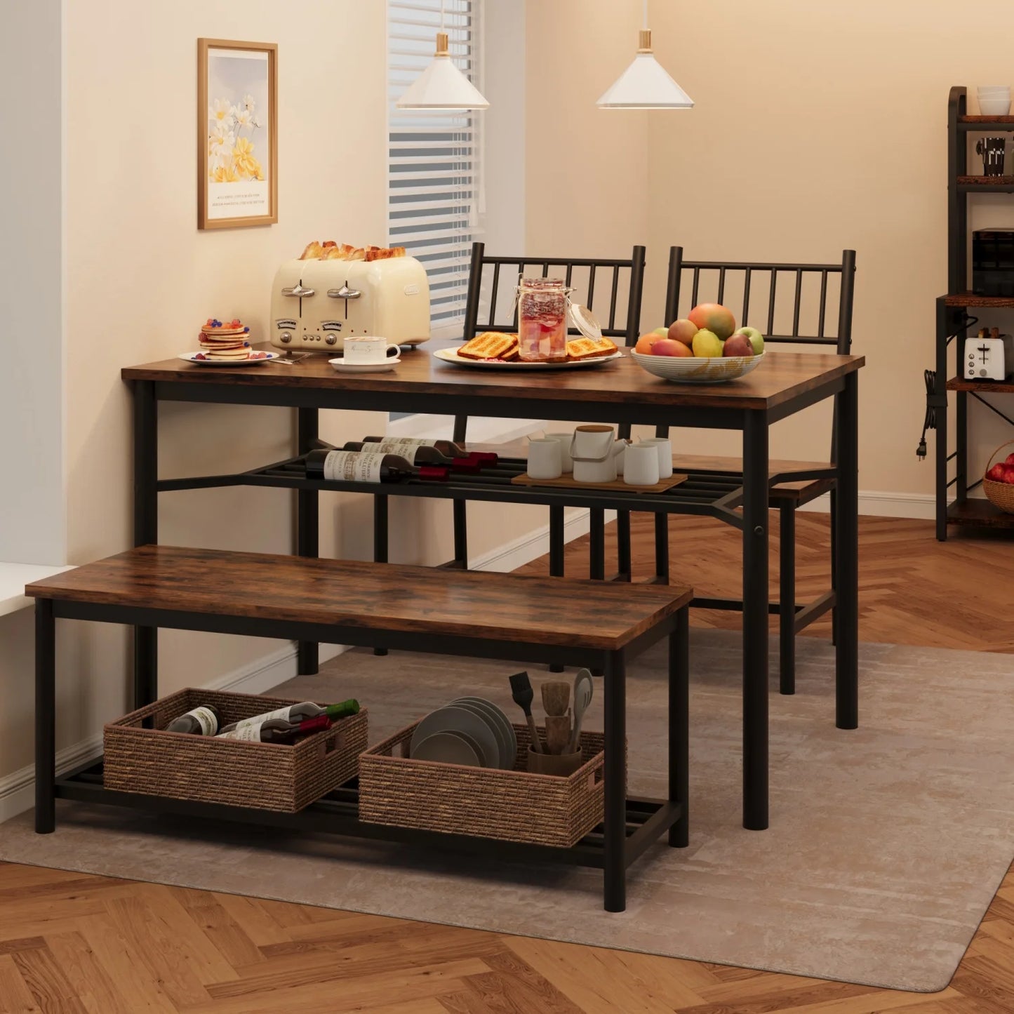 4 Piece Dining Table Set with Chairs and Storage Bench –Kitchen Table with Wine Rack –Metal Frame –Dining Table and Chairs for 4