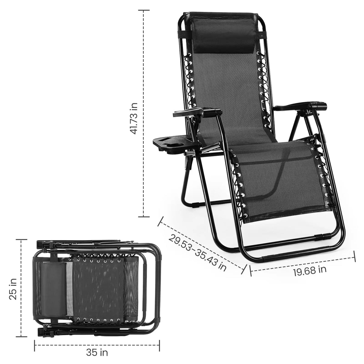 JHK Zero Gravity Portable Outdoor Recliner With Cup Holder Tray