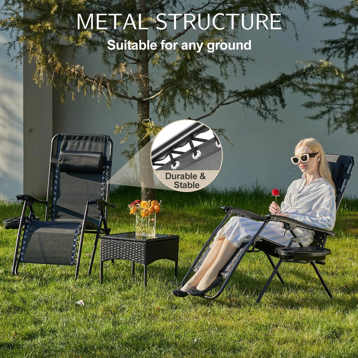 JHK Zero Gravity Portable Outdoor Recliner With Cup Holder Tray