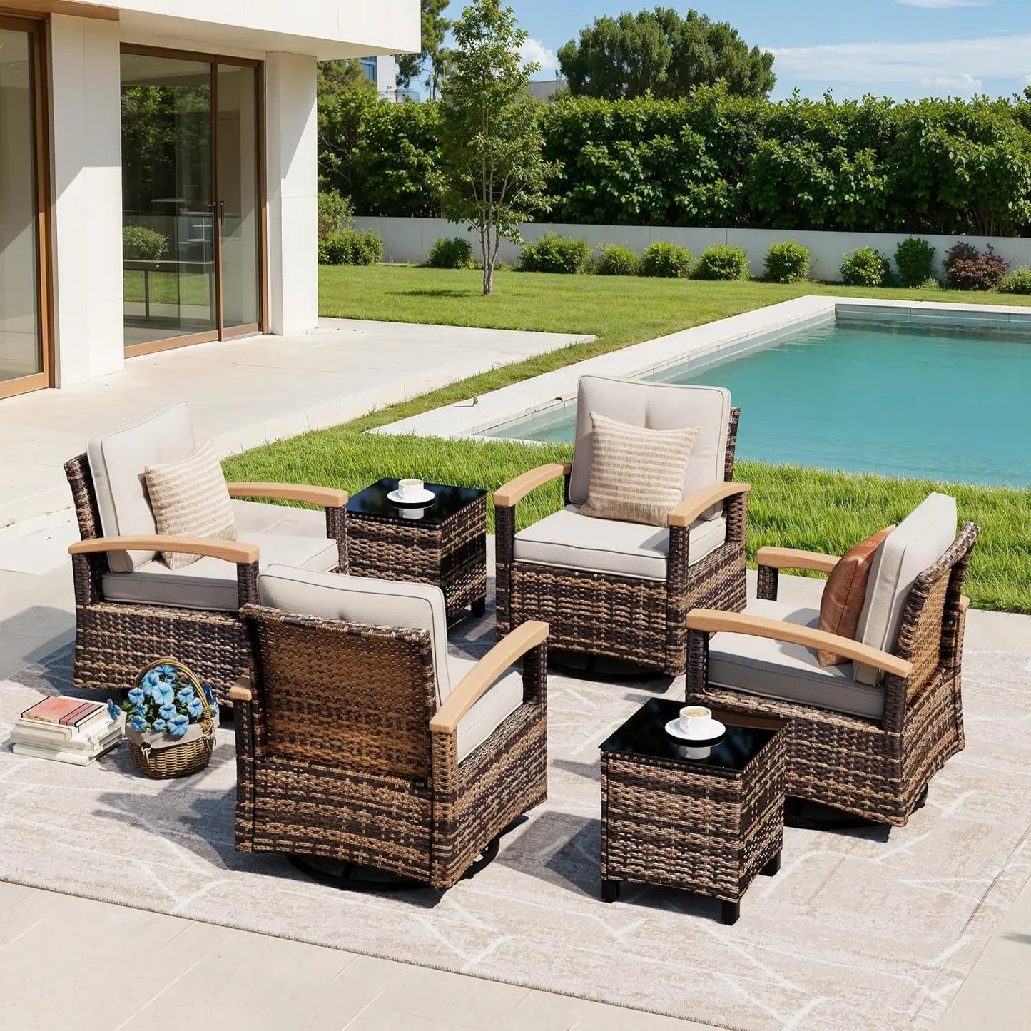 6 Pieces Patio Furniture Sets, Wicker Patio Conversation Sets with 4 Wood Armrests Swivel Glide Chairs，Outdoor, Custom