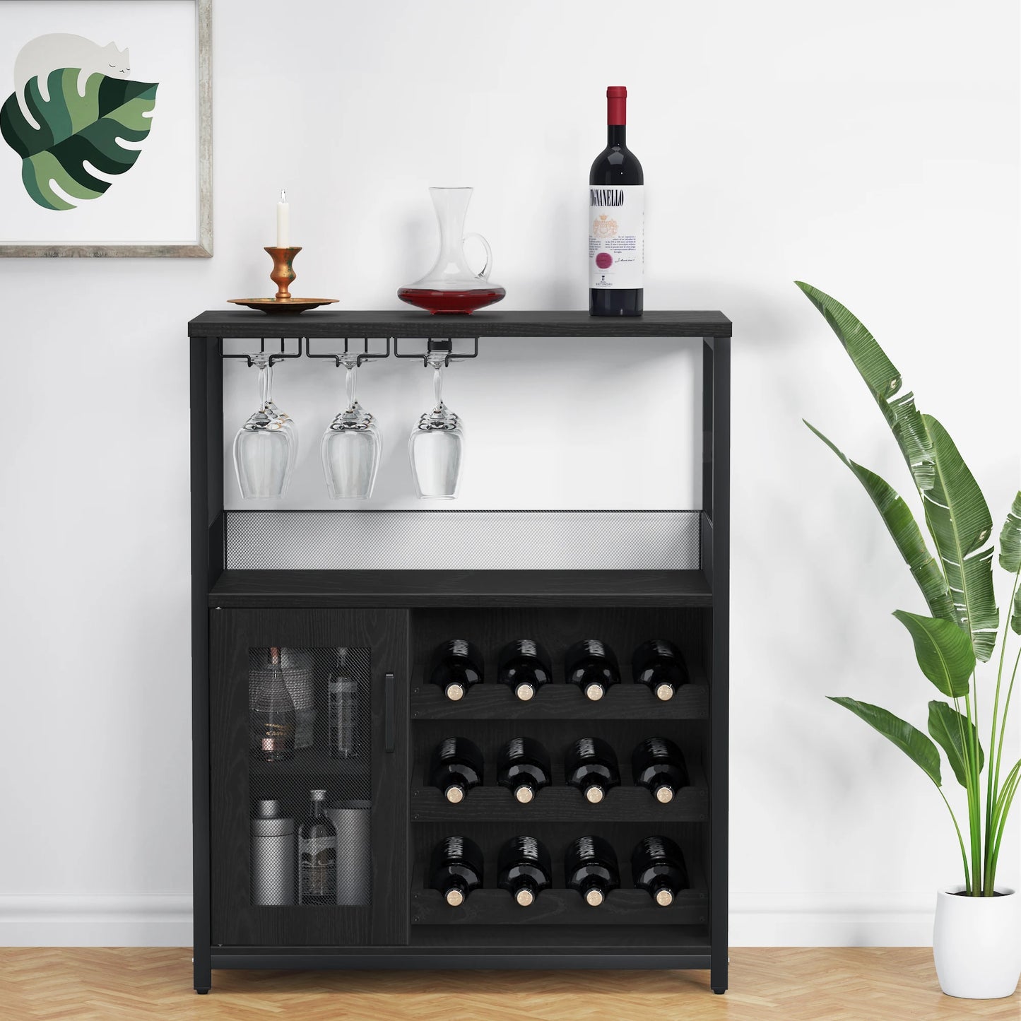 HiMISS Vintage 3 Tier Wine Bar Cabinet With Adjustable Shelves Glass Holders