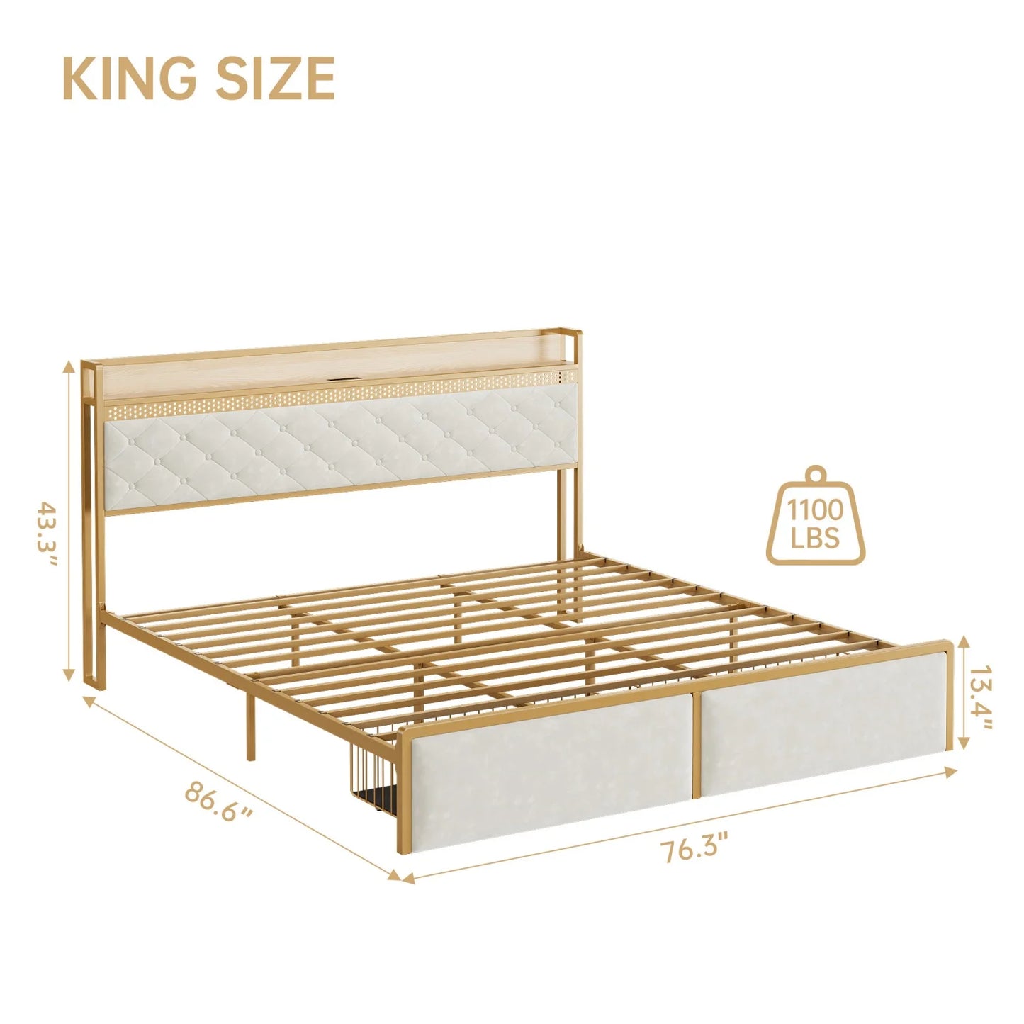 Bed Frame with Headboard,Modern Linen Upholstered Bed Frame with Strorage Drawers,Charging Station,Led Light, Metal Slat Support