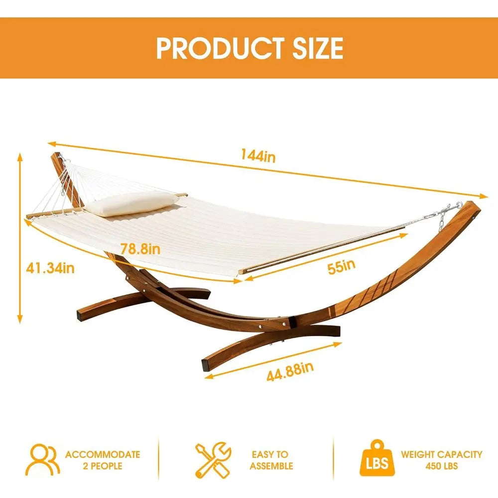 12 T 2 Person Double Quilted Hammock with Curved Steel Heavy Duty Stand and Pillow or Outside, Backyard, Patio, 450 Lbs acity, C