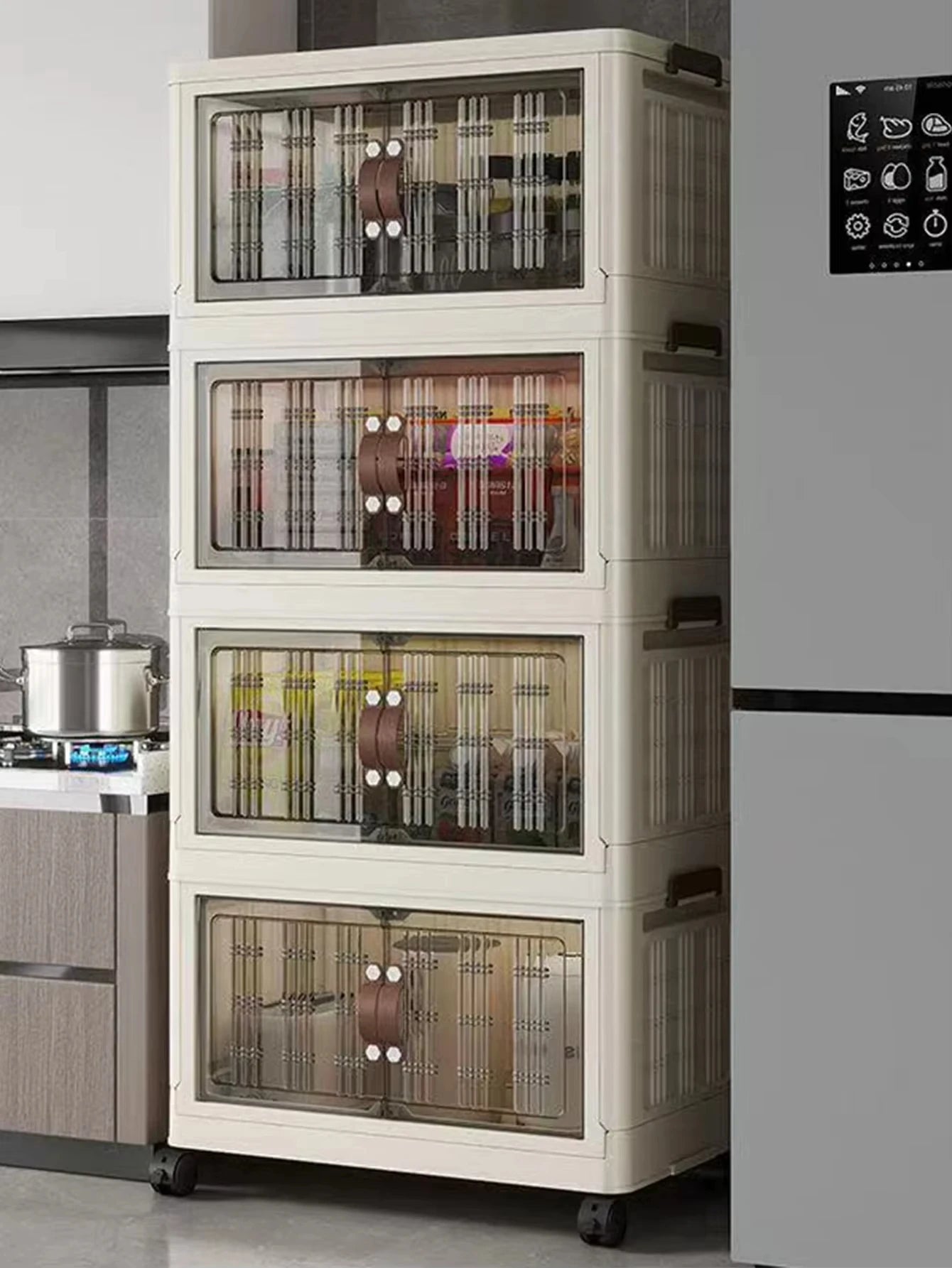 Stackable Plastic Storage Cabinet with Doors and Wheels for Bedroom