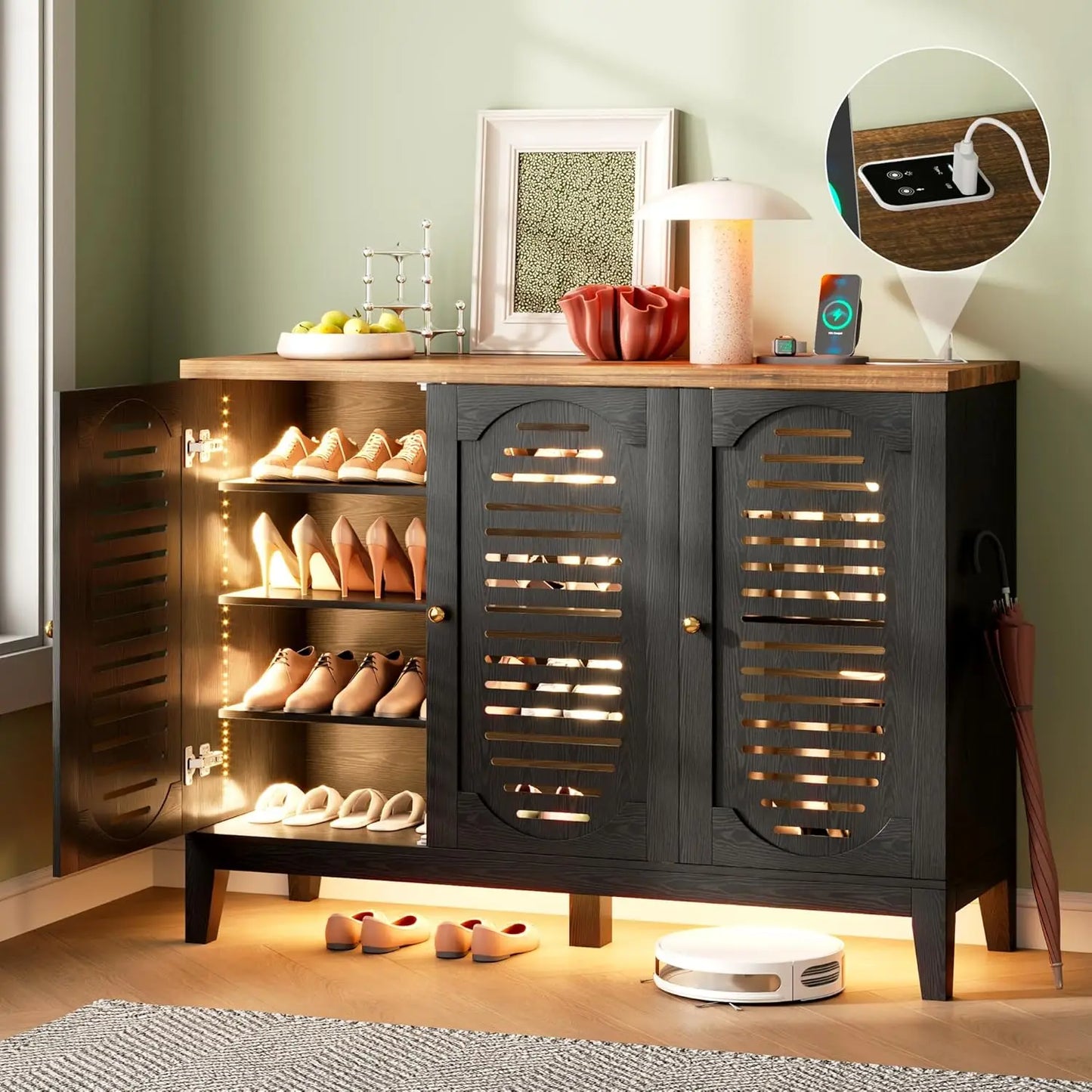 Shoe Cabinet with 3 Doors, Narrow Wooden Shoe Cabinet, Hidden Shoe Storage for Entryway, Foyer, Hallway (Brown), Custom