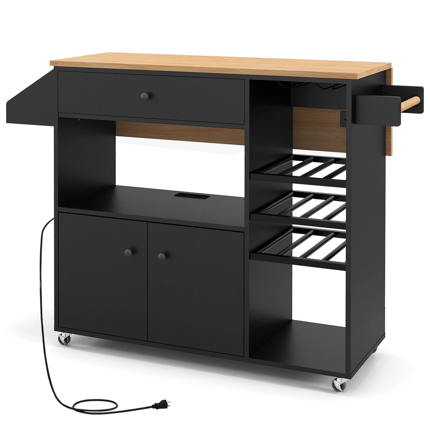 Kitchen Island Cart w/ Drop-Leaf & Power Outlet Microwave Shelf Wine Rack Drawer