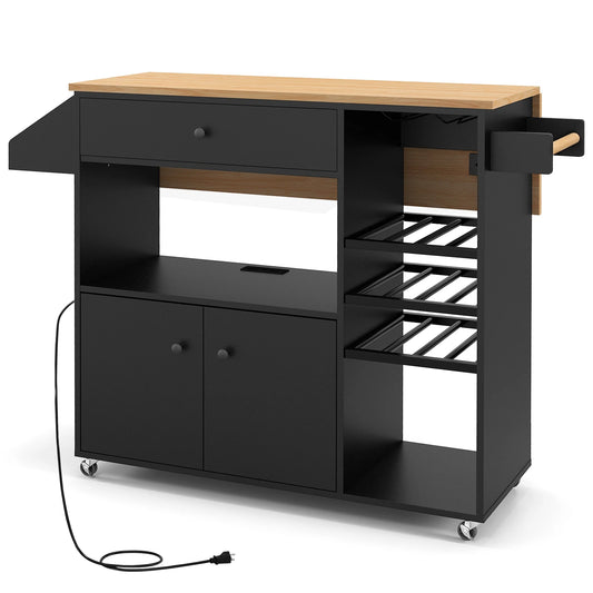 Kitchen Island Cart w/ Drop-Leaf & Power Outlet Microwave Shelf Wine Rack Drawer