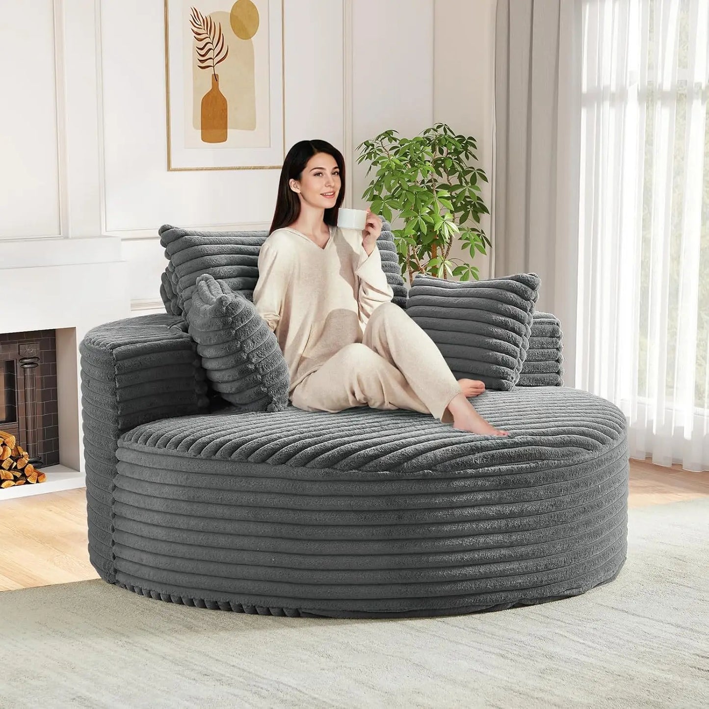 Oversized Round Chaise Longue Chair Indoor, Modern 55-inch Upholstered Corduroy Deep Seat Circle Single Cloud Lounge, Custom