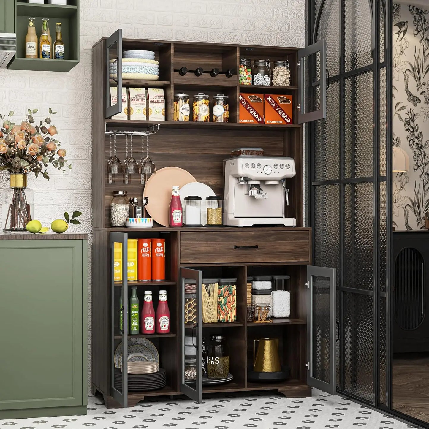 71" Tall Pantry Cabinet with Glass Doors, Kitchen Hutch Storage Cabinet, Coffee Bar & Liquor Cabinet with Charging, Customized