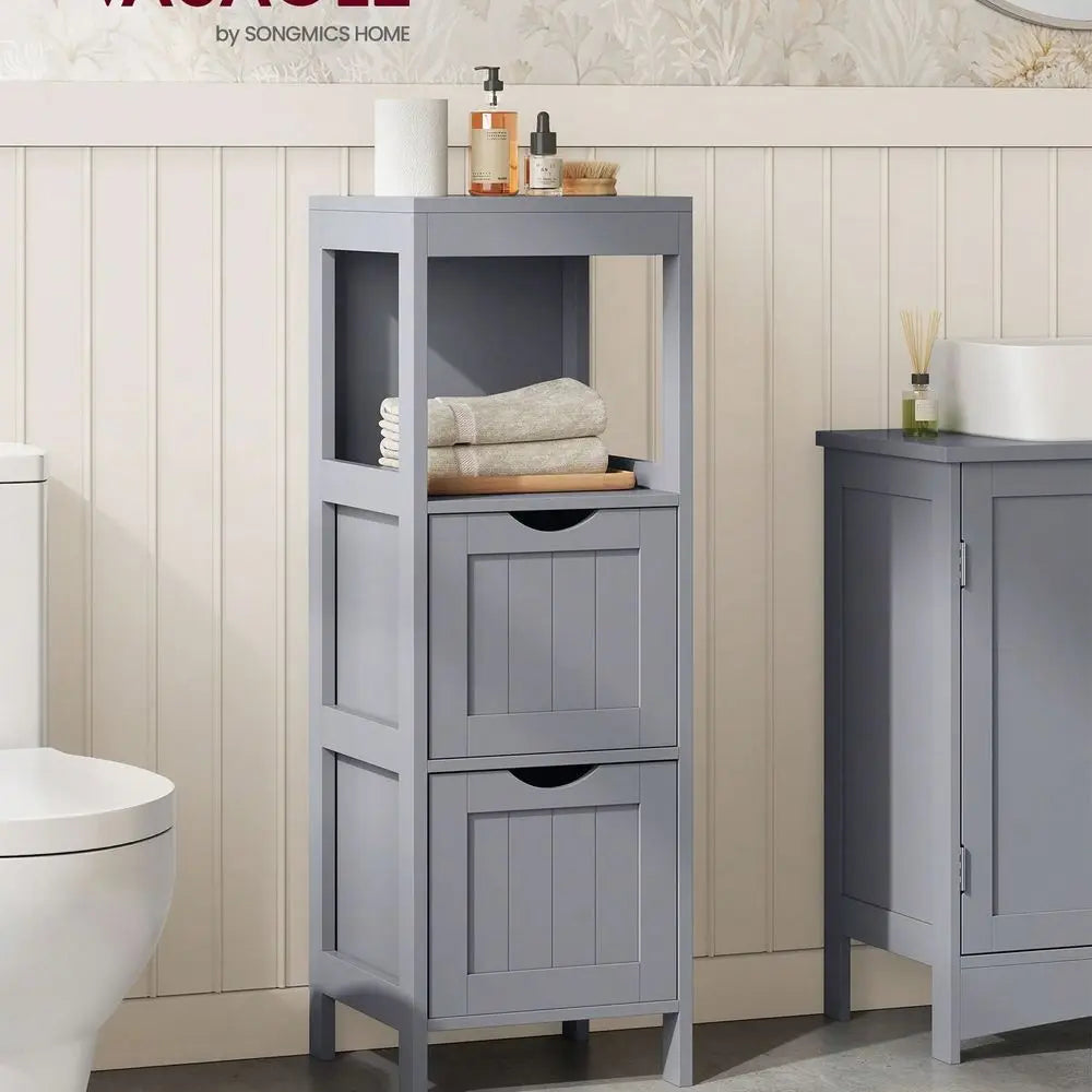 Modern Bathroom Floor Cabinet With 2 Drawers And Open Shelf - Freestanding Storage Organizer Bathroom Floor Cabinet With